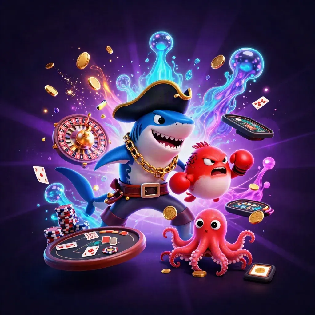 Pirate shark, boxing pufferfish, and juggling octopus amid neon casino treasure
