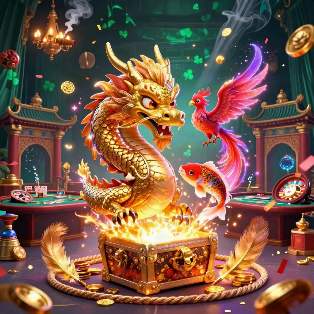 Golden dragon, phoenix and koi amid neon casino luxury, roulette spin, cards, brass and fireworks.