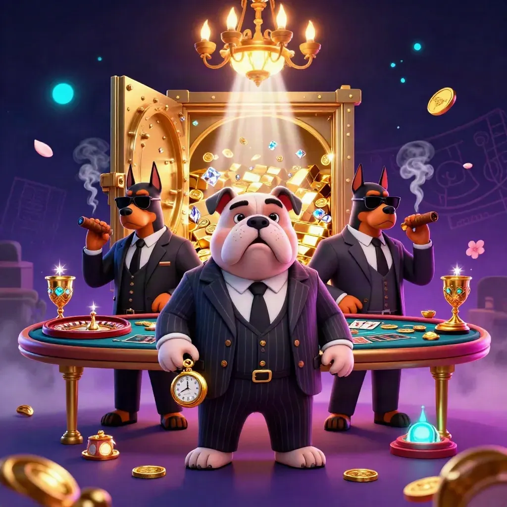 Bulldog mob boss and two Dobermans in a neon vault room with gold, gems, and cyan glow.