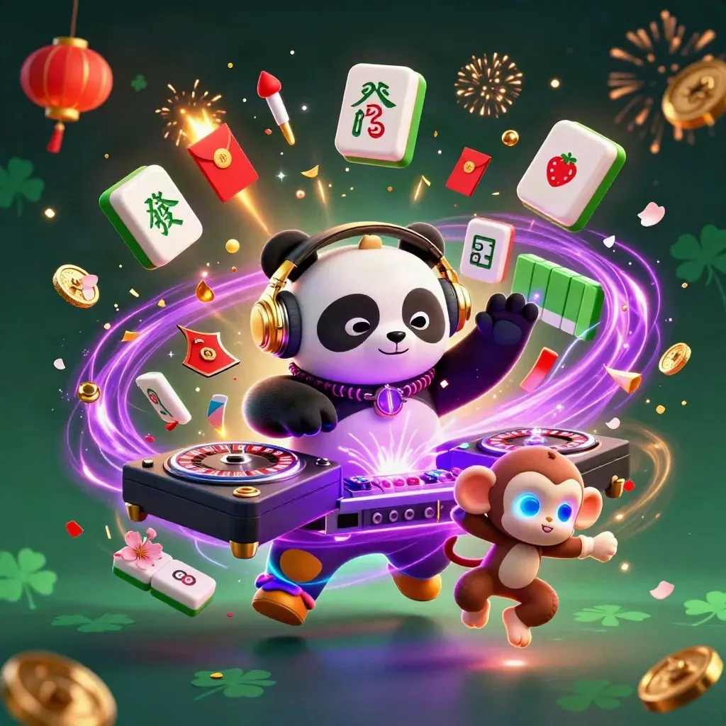 Panda DJ, dancing monkey, and neon kitten amid casino-luck bursts on a dark emerald glow.