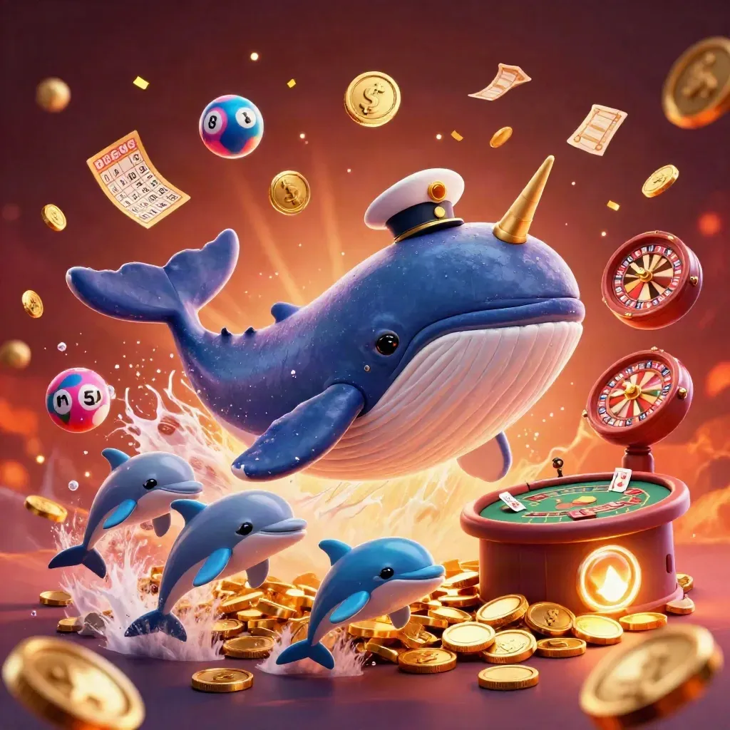 Whale, narwhal, and dolphins burst through coins with casino prizes and neon glow.