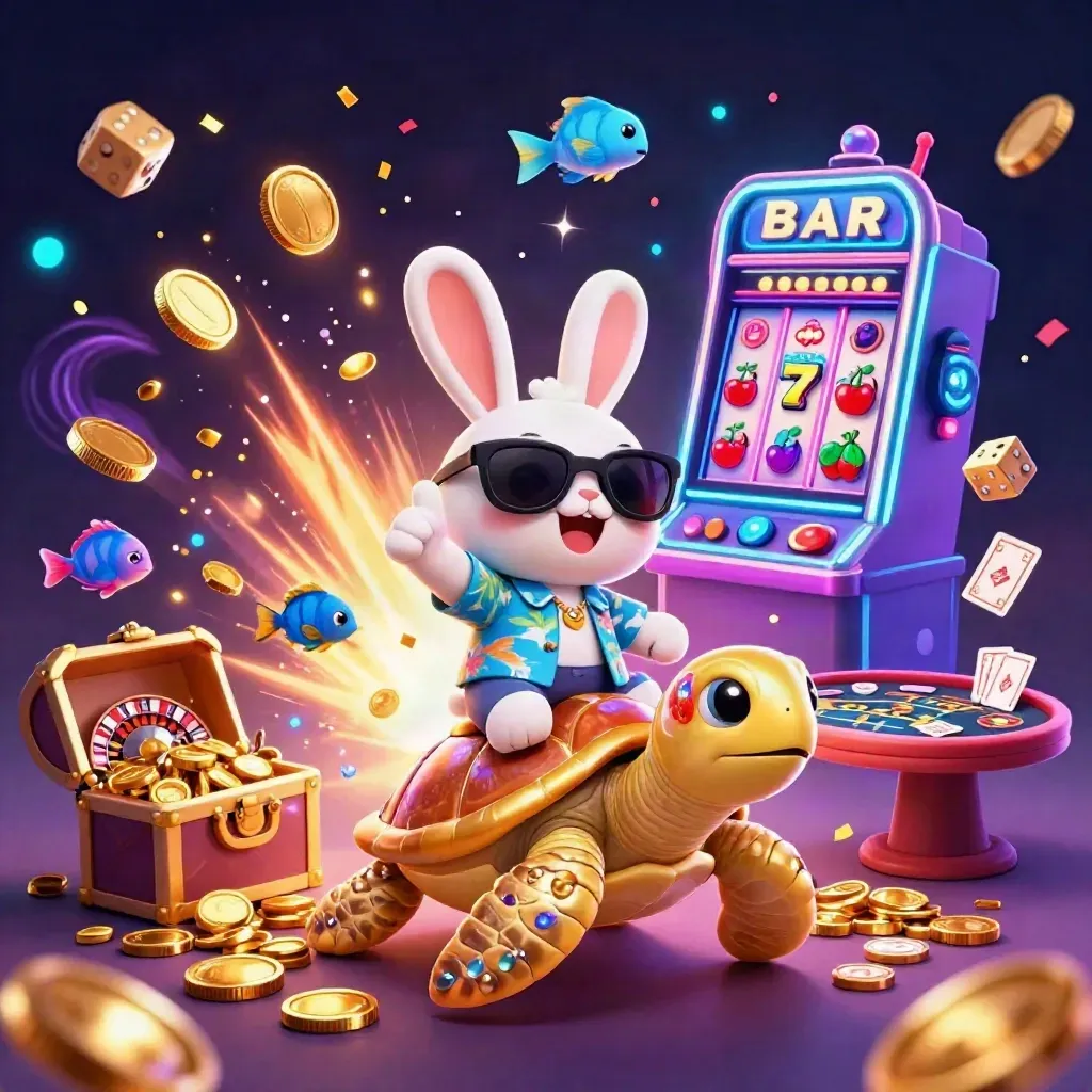 Rabbit on a golden turtle amid coins, fireworks, slots, dice, and casino tables.