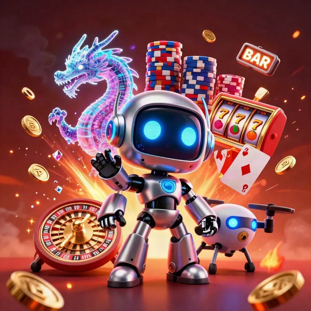 Cyberpunk robot, holographic dragon, and coin drone amid casino coins, chips, cards, and neon fire.