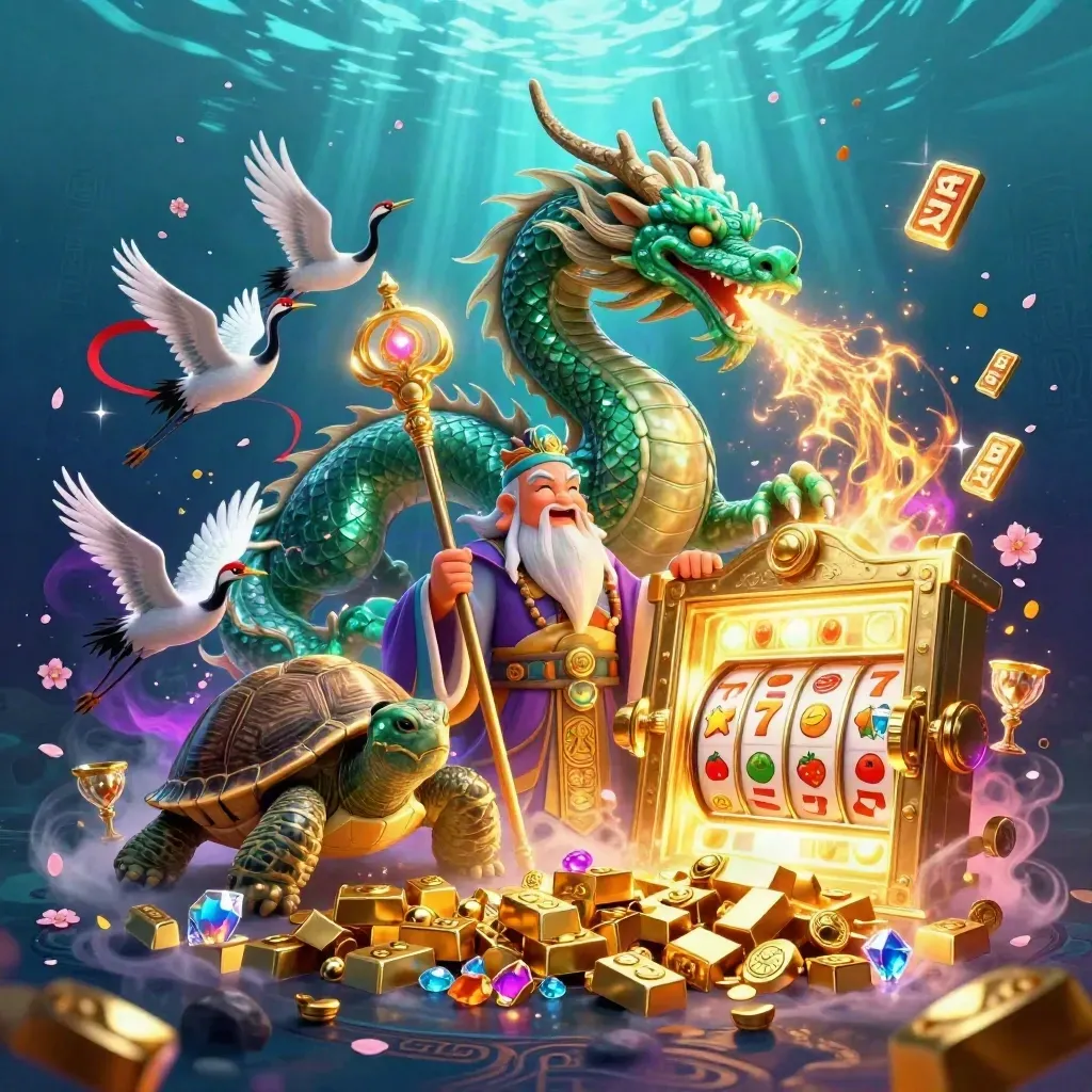 Jade dragon, turtle sage, and cranes burst from a glowing vault amid neon casino treasure.
