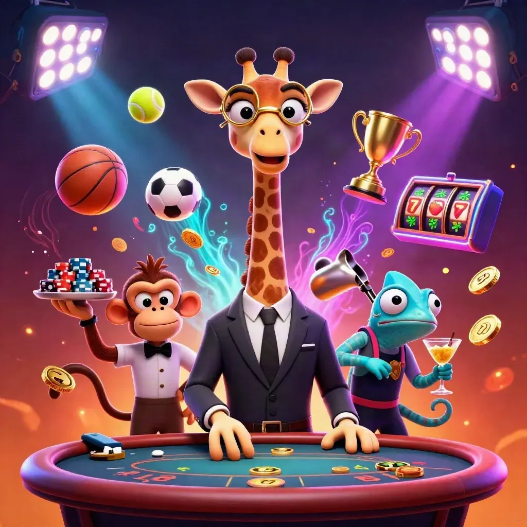 Neon giraffe, monkey valet and chameleon bartender at a glowing VIP poker table with casino effects