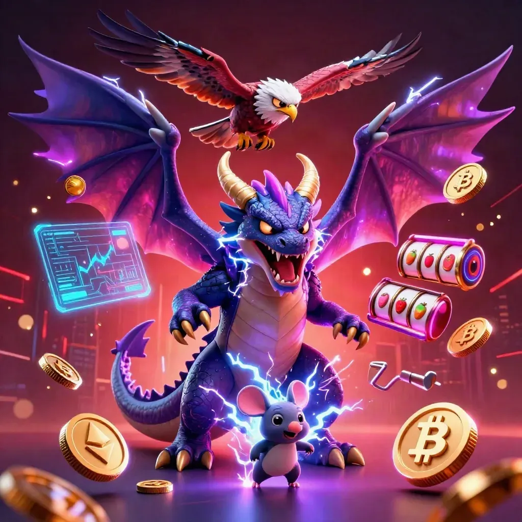 Thunder dragon, hawk and mouse amid neon coins, lightning, slot reels and casino glow.